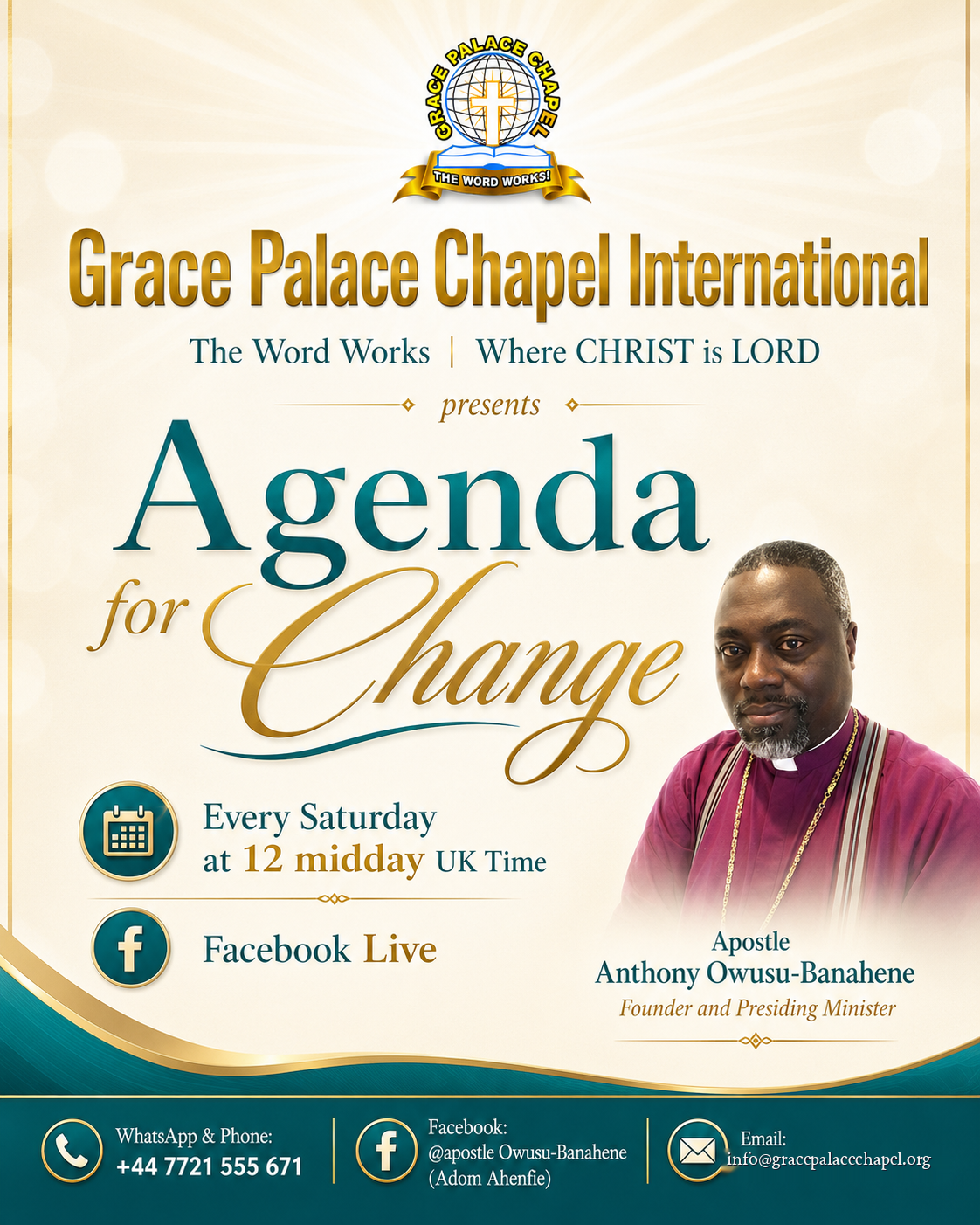 Agenda for Change flyer, every Saturday at 12 midday UK Time on Facebook Live