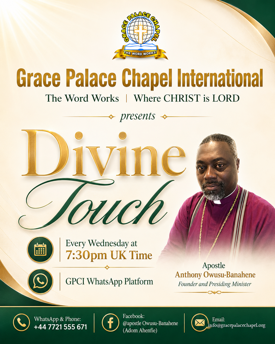 Divine Touch flyer, every Wednesday at 7:30pm UK Time on the GPCI WhatsApp Platform