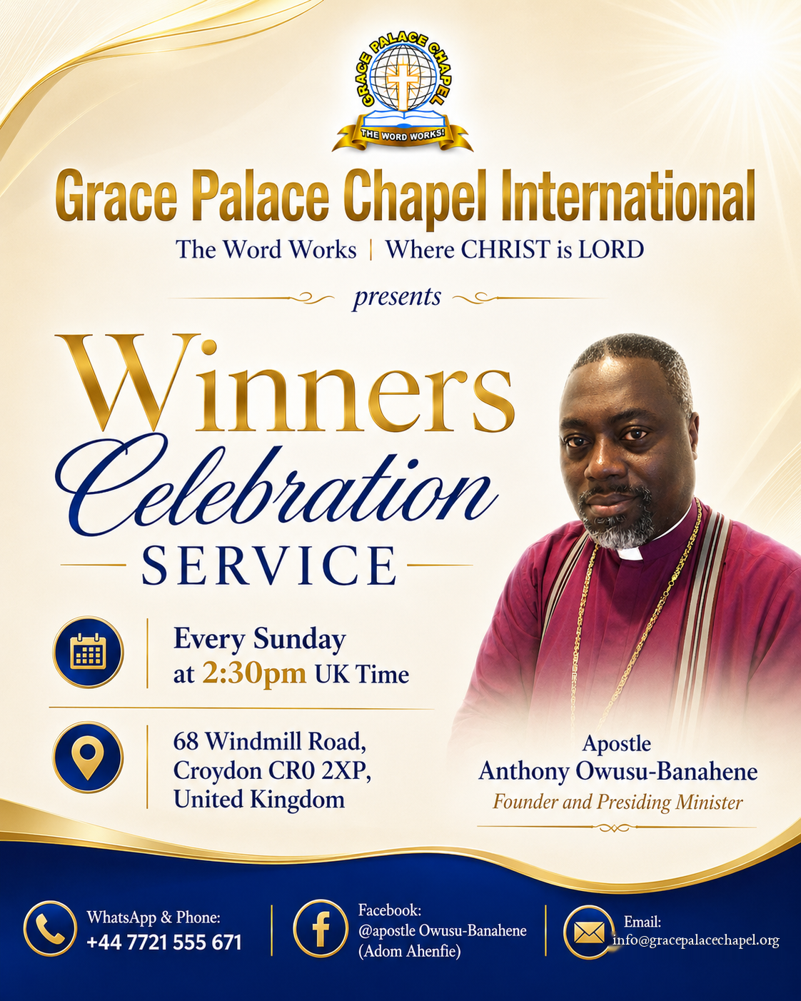 Winners Celebration Service flyer, every Sunday at 2:30pm UK Time in Croydon